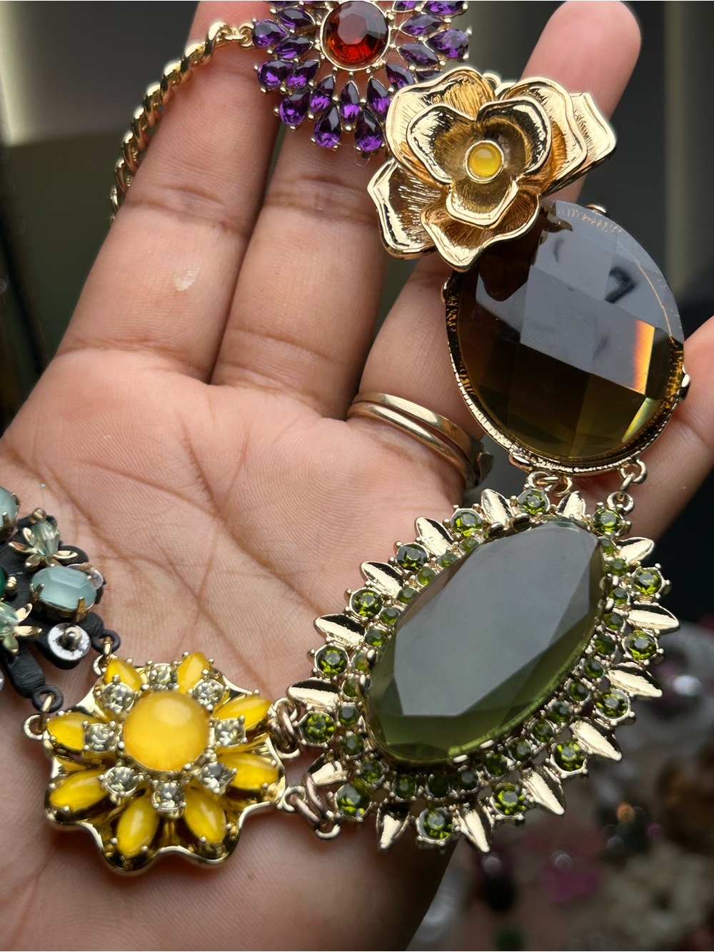 Banana Republic Multi-Color Floral Glass Pendant Necklace with Gold-Tone Accents